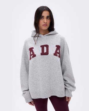 Adanola ADA Oversized Knit Hoodie Ljusgrå Vinröda | 53482-LNWD