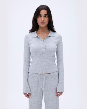Adanola Knit Long Sleeve Button Up Top Ljusgrå | 41376-JZMT