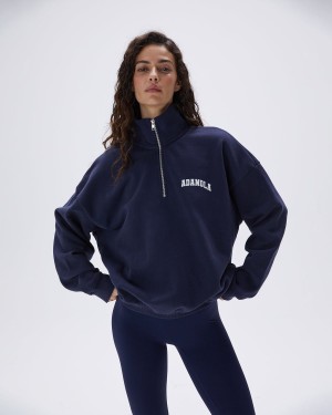 Adanola Varsity Oversized Funnel Neck Zip Sweatshirt Marinblå Blå | 78423-MHCR
