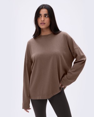 Adanola Washed Long Sleeve Oversized T-shirt Bruna | 03974-XHFU